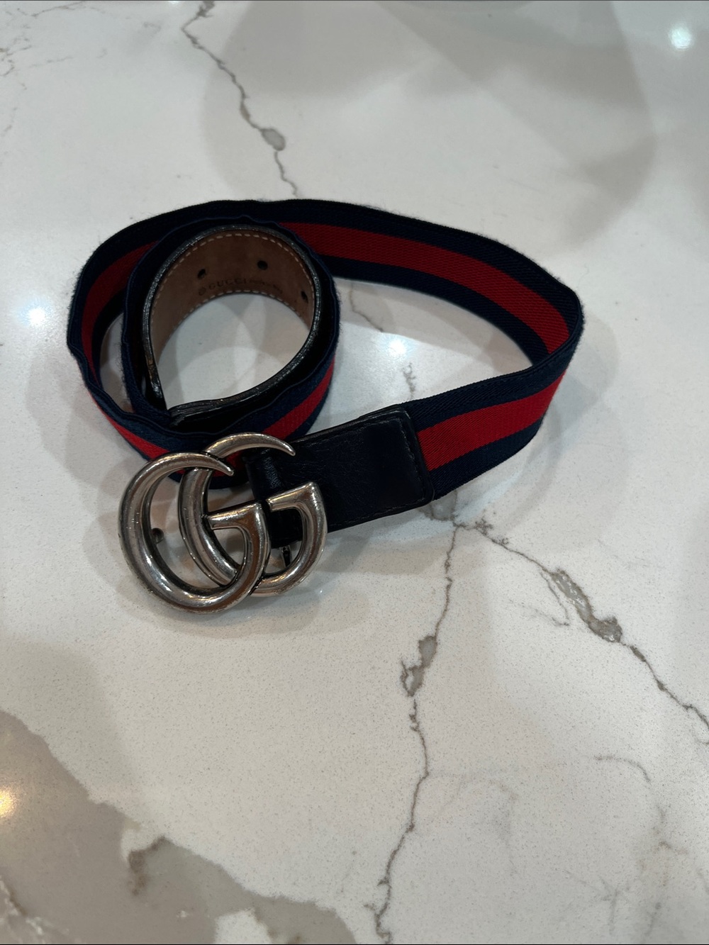 Double G Buckle Web Stripe Belt in Navy and Red
